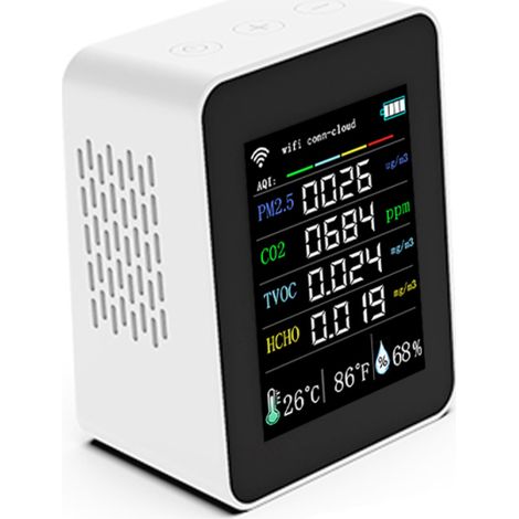 Testeur qualité air Tuya WiFi 7 en 1 – PM2.5/CO2/TVOC/HCHO/AQI/temp/humidité, écran TFT 2,8", app mobile (1/5)
