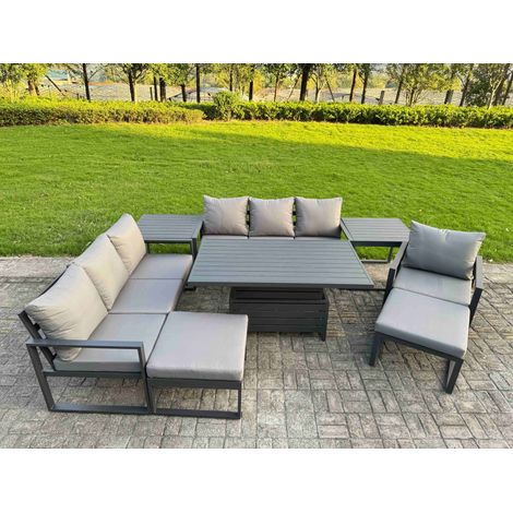 Fimous Garden Aluminium Furniture Set Dark Grey 9 Seater Outdoor Patio Adjustable Rising Lifting Dining Table with 2 Big Footstools 2 Side Tables Dark Grey (1/5)