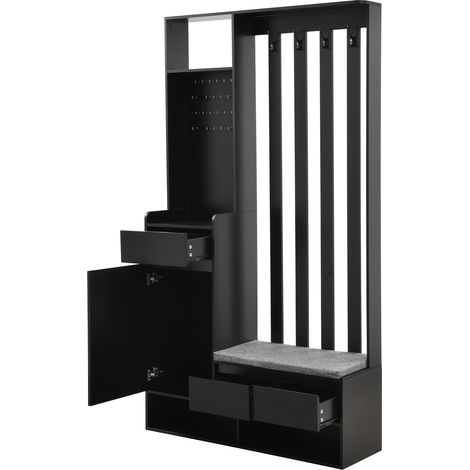 Recibidor con banco tapizado, zapatero con panel perforado, negro 180x100x35 cm (1/5)
