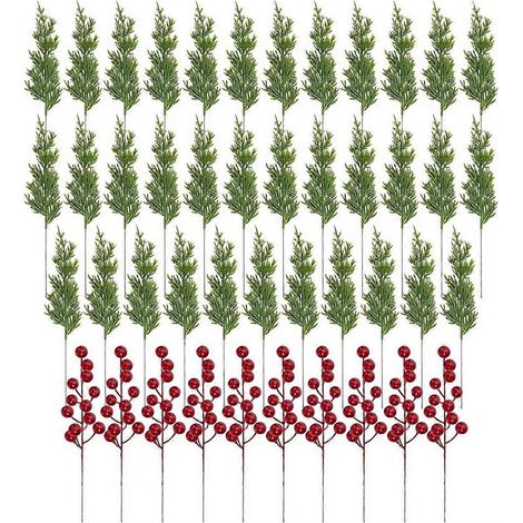 45 branches de pin artificielles, baies de houx et tiges de baies rouges pour décorations de sapin de Noël et couronnes. (1/4)