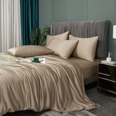 Parure de lit en bambou 135 x 200 cm, doré, kaki, été, hiver, rafraîchissant, uni, fibres de bambou lyocell brillantes, 2 pièces, housse de couette 135 x 200 cm, lit simple avec fermeture éclair (1/5)