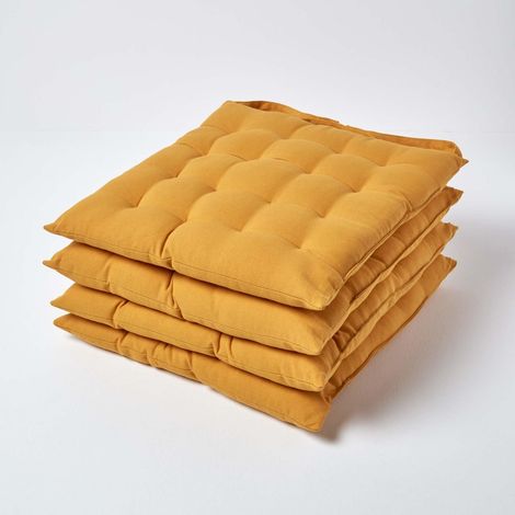 HOMESCAPES Mustard Yellow Plain Seat Pad with Button Straps, 40 x 40cm, Set of 4