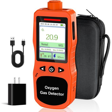 Détecteur d’Oxygène Portatif, Moniteur O2 Rechargeable avec Alarmes Sonores, Lumineuses et Vibrantes, Analyseur de Qualité de l’Air Oxygène Mesurant la Température et l’Humidité (1/5)