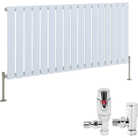 White Designer Flat Panel Radiator + Thermostatic TRV Radiator Valves Chrome Angled Horizontal 600x1156mm Single