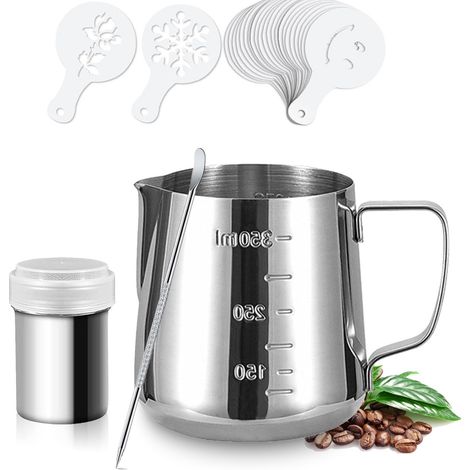 Ensemble de tasses à latte art double face graduées de 600 mlMousseur à lait à bec pointu, mousseur à cappuccino italien, tasse à mesurer, acier inoxydable 304. (1/5)