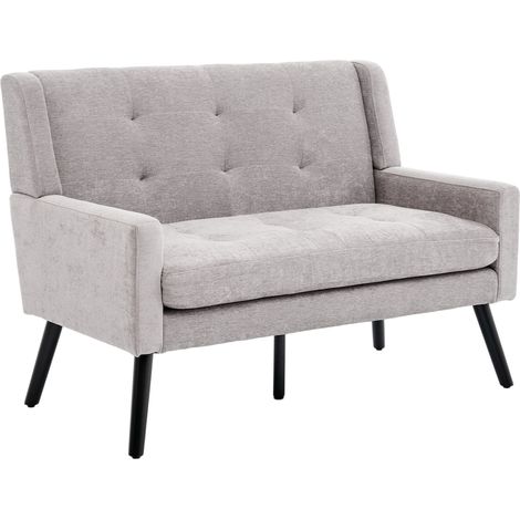 Banquette premium en lin 2 places avec pieds en bois massif antidérapants et coussins en mousse haute densité – banquette d’appoint capitonnée à boutons pour salon, chambre et bureau (1/5)