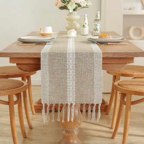 Runner da tavola ricamato in cotone e lino in stile vintage con nappe fatte a mano. Per feste, ristoranti e come decorazione da tavola. Doppio lato (1/5)