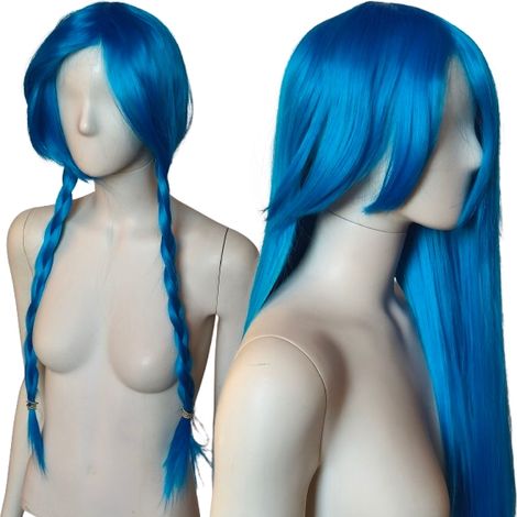 Peluca azul con flequillo, estilo anime, resistente al calor, larga, 80 cm, Jinx LOL (1/5)