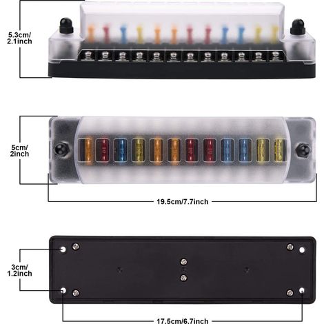 Portafusibili a 12 vie, anodi positivi e negativi, portafusibili a lama da 12V-32V, scatola ATC/ATO standard con etichette autoadesive, pannello di copertura trasparente impermeabile per automobili, a (1/5)