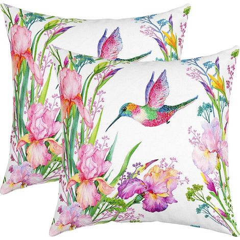 Lot de 2 Housses de Coussins 40x40 Florale, Housse d'oreiller Colibri Iris Fleurs Taie d'oreiller Jardin Plante, Taie Oreiller pour Maison Bureau L'Extérieur, Coussin Décoratifs Animaux (1/5)