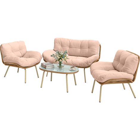 Salon de jardin résine tressée beige 4 pièces canapé 138 cm 2 fauteuils table basse coussin 12 cm
