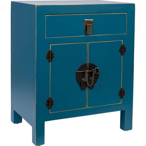 Table de chevet art déco bleue avec tiroir et portes élégantes - bleu profond avec ferrures noires (1/4)