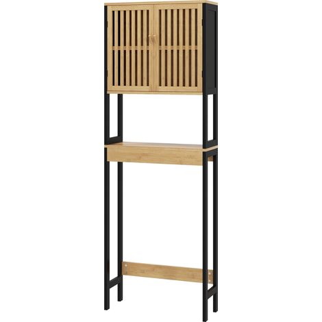 Mobile Sopra WC con Armadietto 2 Ante a Doghe e Ripiano Aperto 60x21,5x172 cm in Bambù e MDF Legno Naturale e Nero (1/5)