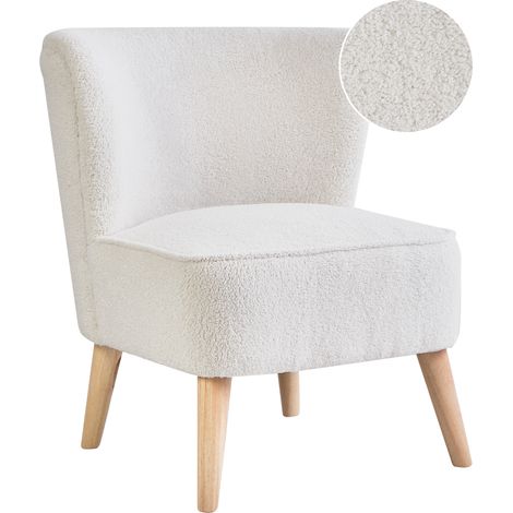 Sillón de tela tapicería de bouclé patas de madera de caucho sin reposabrazos sala de estar blanco crema Alven