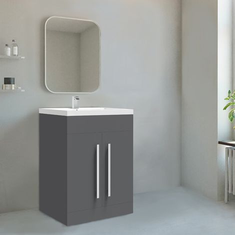 NRG 600mm Bathroom Furniture Storage Cabinet Freestanding Vanity Unit & Basin Gloss Grey (1/5)