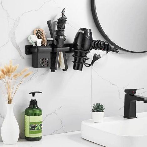 3-in-1 Wandhalterung für Haartrockner und Glätteisen, Badezimmer-Organizer aus Aluminiumlegierung mit Kabelhalter und Stecker (Schwarz) (1/4)