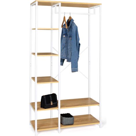 Idmarket – Dressing penderie 90 cm – Structure métal blanc – 6 étagères – Hauteur 167 cm – Design industriel bois et métal