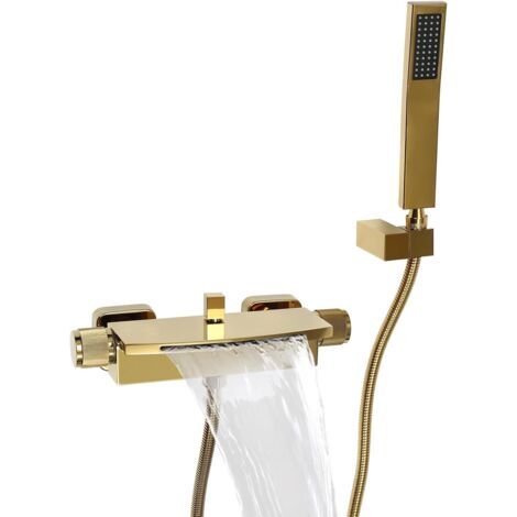 Wall-mounted waterfall bath faucet with hand shower in gold-tone brass - 1.5m hose - Wall-mounted for bathroom, hotel, apartment (gold) (1/5)