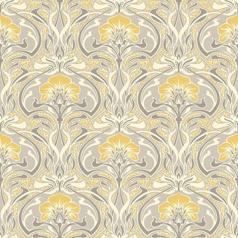 Retro Damask Wallpaper Vintage Flora Nouveau Metallic Silver Grey Yellow Crown (1/2)