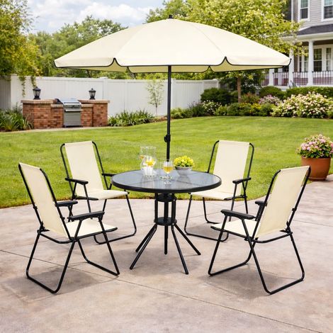 4 Seater Cream Outdoor Furniture Set Parasol, Patio Table Chairs Garden Furniture, Folding Garden Chairs, Tempered Glass Table, Steel Frame