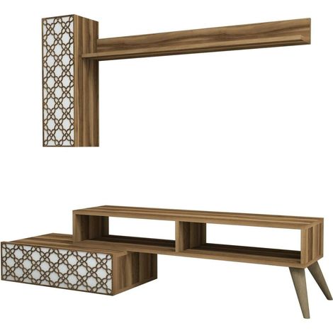 Dmora - Parete attrezzata Ardara, Composizione soggiorno, Mobile salotto multiuso, Armadio porta TV, 150x37h38 cm, Noce e Bianco (1/5)