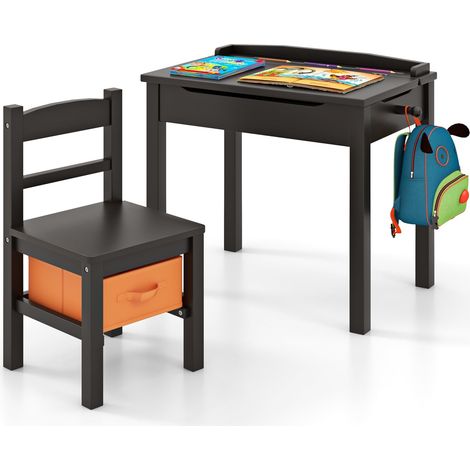 Set scrivania e sedia per bambini, legno massello, piano pieghevole