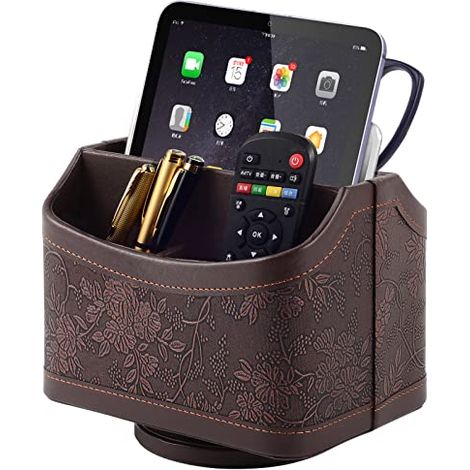 Support de télécommande rotatif à 360°, organisateur de télécommande pour TV, simili cuir, organisateur de télécommande avec 5 compa (1/4)