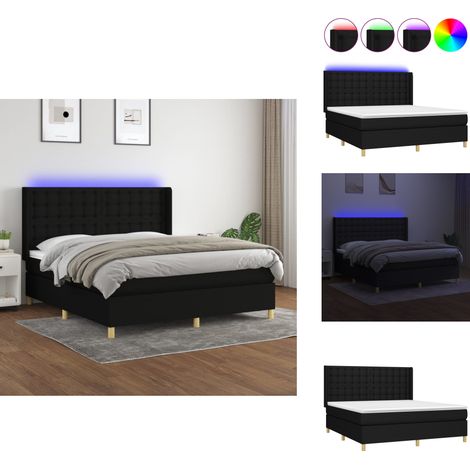 Sommier à lattes de lit matelas et LED Noir 160x200 cm Tissu - Sommier Tapissier - Lit Avec Led - Matelas À Ressorts Ensachés - Têted Lit Ajustable - Éclairage Led (1/5)