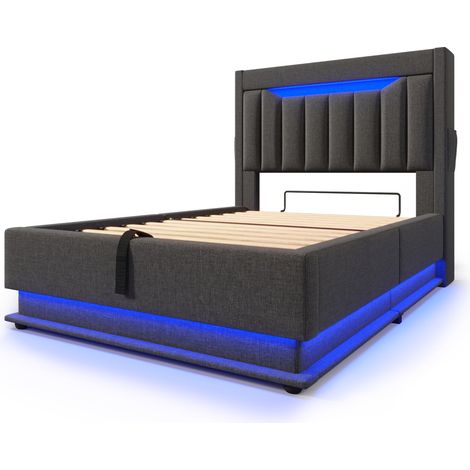 Letto singolo 90 x 200 cm con contenitore, testiera LED e porte USB Type-C, grigio, lino (1/5)
