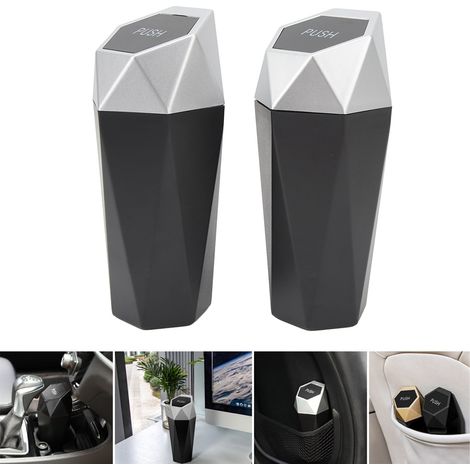 Deux poubelles de voiture avec couvercle, design en forme de losange, petites poubelles portables automatiques, argentées. (1/5)