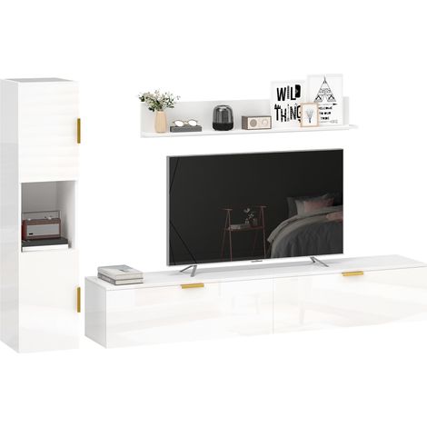 Meuble TV suspendu avec portes abattantes – Étagère murale pour espace multimédia – 180 cm – Blanc haute brillance