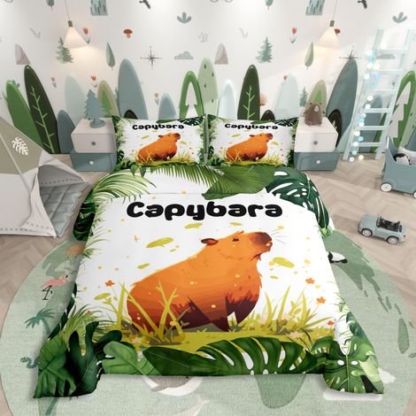 Parure de lit 2 pièces avec housse de couette 135 x 200 cm Motif rongeurs Capybaras Impression mignon Dessin animé Housse de couette rustique animaux de ferme (1/5)