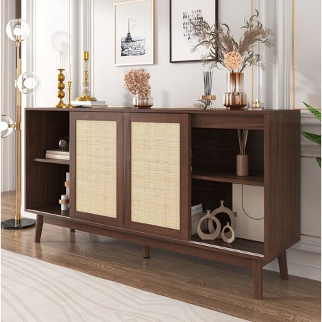 Aparador de salón con rattan y cajones madera natural OKMYHOME (1/4)