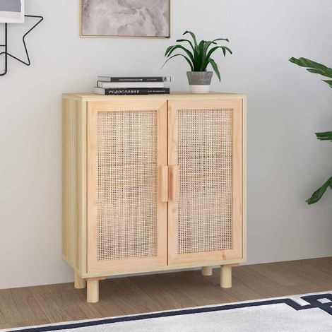 Sideboard Braun 60x30x70 cm Massivholz Kiefer und Natur-Rattan (1/5)