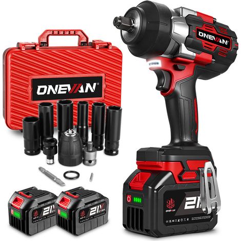 Onevan – Clé à chocs sans fil 2100Nm – Moteur Brushless – 2 batteries 6Ah – Coffret avec 12 douilles – Vitesse 0-2500 tr/min (1/5)