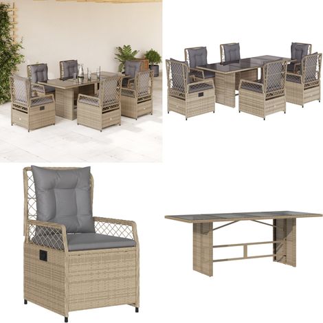 7-tlg. Garten-Essgruppe mit Kissen Beige Poly Rattan - Gartengruppe - Gartenmöbelset - Esstisch - Gartenstühle - Relaxsessel - Home & Living (1/5)