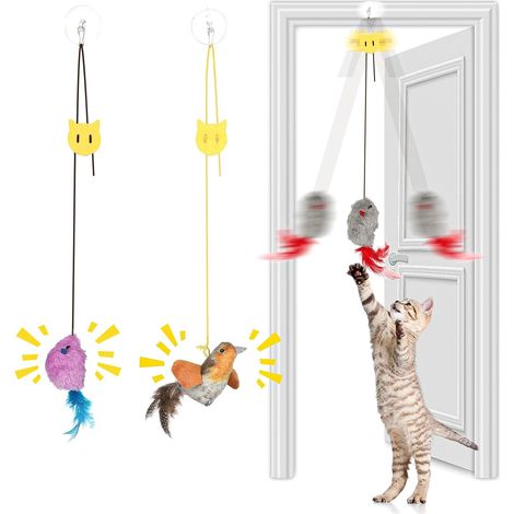 Jouet Chat Interactif, Jeux Sonore Chaton Set de 3, Oiseau Volant et Souris, Jouets Chats Intérieur Suspendu à la Porteavec Corde Élastique Réglable et Crochets Adhésifs Transparents (1/5)