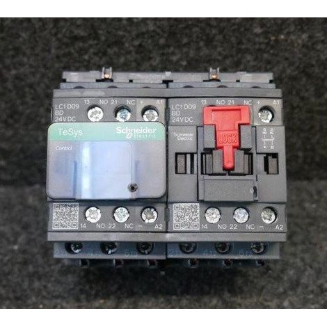 Contacteur inverseur 3P 3F 9A AC-3 440V bobine 24Vcc contacts auxiliaires 1F+1O avec antiparasite TeSys LC2D SCHNEIDER (1/2)