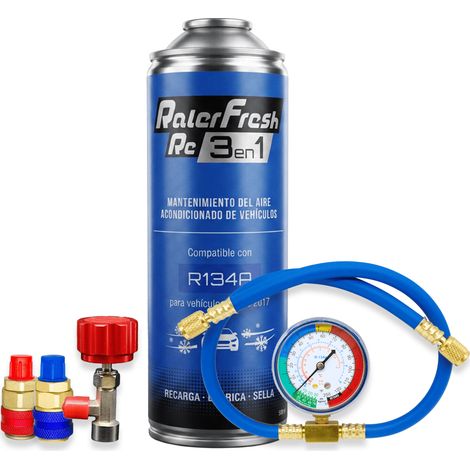 Pack Gas Refrigerante Ralerfresh RC R134A 3en1 500ml con Manometro RF32, llave y conectores (1/5)