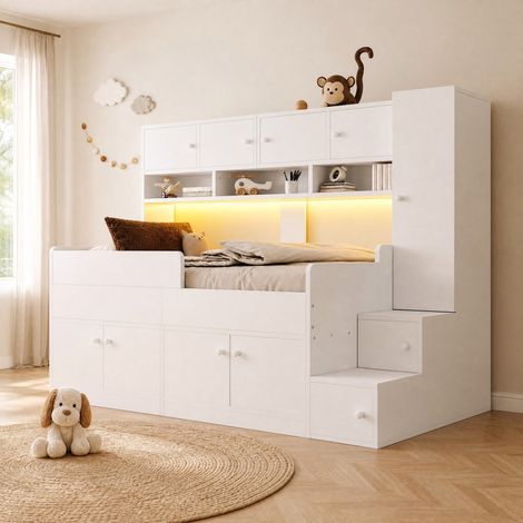 Letto soppalcato bimbi 90x200 cm in legno bianco, contenitori, senza materasso – MEUBLIV (1/5)