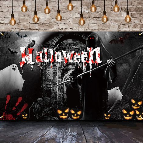 Bannière  d Halloween, bannière de décoration de citrouille, police créative d Halloween horreur mort atmosphère de vacances drapeau suspendu décoratif 180 × 110 CM (1/4)