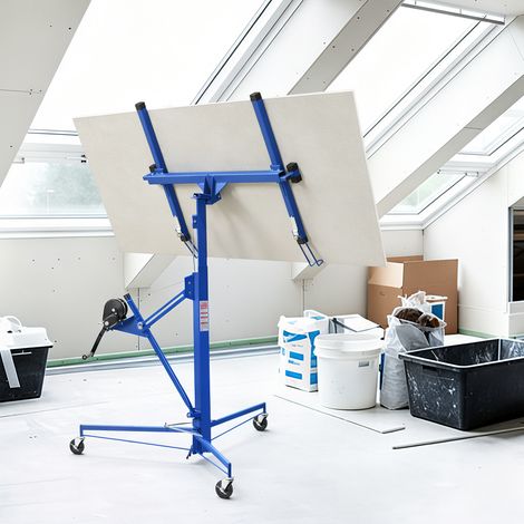 Jiubiaz Sollevatore per lastre in cartongesso, in acciaio Q195, altezza di lavoro 126–325 cm, portata massima 68 kg, rotazione 360°, blu (1/5)