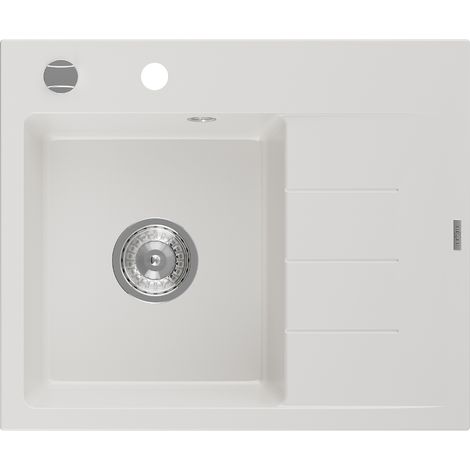 Mexen Ben granitspüle 1-becken mit abtropffläche, links 600 x 500 mm, weiß, siphon chrom - 6522605000-20 (1/5)