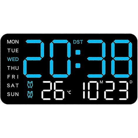 Une horloge numérique moderne et sans cadre, idéale pour les bureaux, dotée d'un grand écran LED, de deux alarmes et d'un éclairage noir et bleu. (1/5)