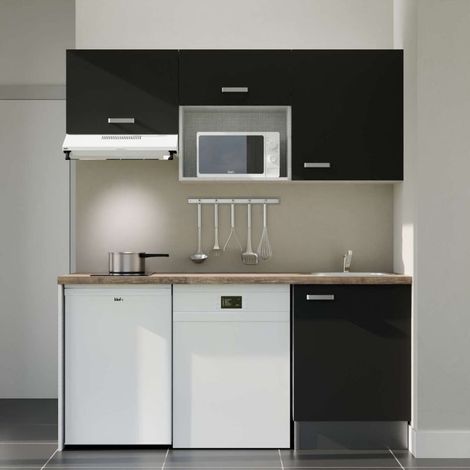 Kitchenette K55L-PT - 180 cm avec plan de travail et évier - Façade Noir - Plan Bois - Evier Inox - Crédences Non