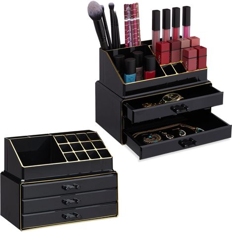 Relaxdays Small Makeup Organizer, 2x Set, 2-Piece Cosmetics Storage with Drawers, Stackable Makeup Shelf, Black/Gold