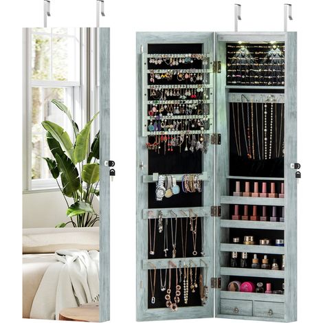 Mobiletto portagioielli da parete con specchio 120 x 36 x 10 cm grande capienza design moderno MDF blu 200010320
