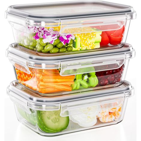 Boîte De Conservation En Verre - 1040 Ml - Rectangulaire - Hermetique - Pour Micro-ondes Four Congelateur Refrigerateur - Lot De 3 (1/5)