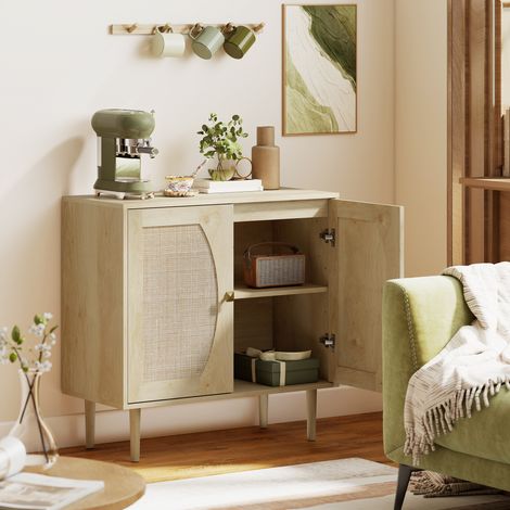 façade en cannage 80 x 38 x 79 centimètres effet bois naturel, Buffet de cuisine meuble de rangement double portes avec 2 niveaux (1/5)