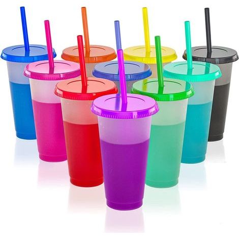 10 farbwechselnde Becher mit Deckel und Strohhalm, 710 ml wiederverwendbare Plastikbecher, niedliche Trinkbecher für Kinder, Partybecher im Großpack (10 Farben) (1/5)